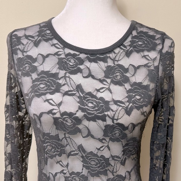Color Story Sexy Sheer Gray Lace Roses Stretch Top Long Sleeves Pullover Top S/M - Picture 7 of 15